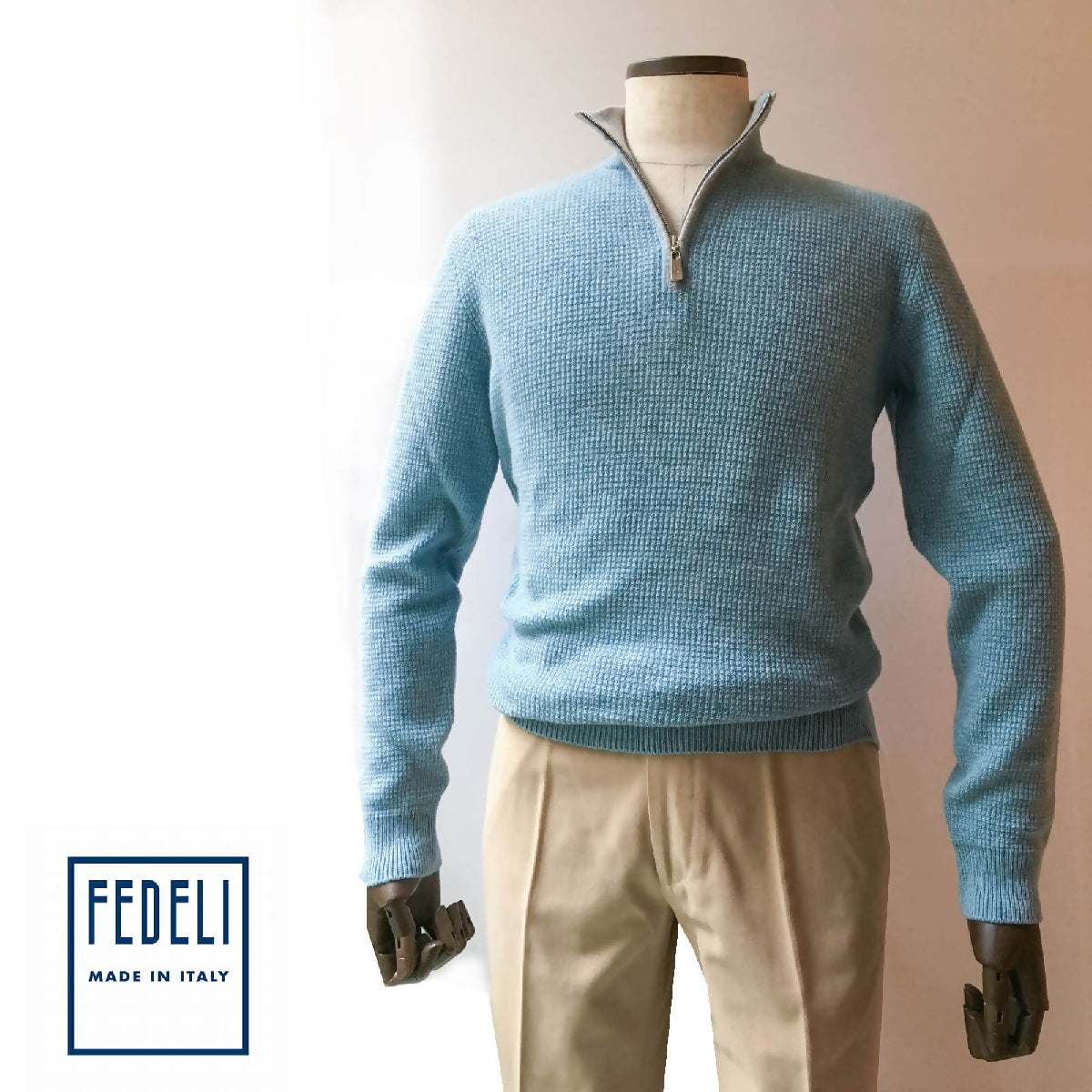 FEDELI / フェデーリ】カシミヤニットハイネックZIPセーター ブルー 