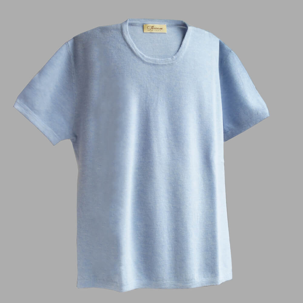 [TRICASE] Cashmere knit T-shirt, pique, crew neck, Loro Piana, top cashmere, light blue, tic0007