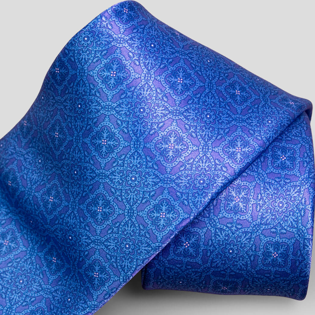 ステファノリッチのシルクプリントネクタイ、スカイブルーとパープルの唐草調デザイン｜Stefano Ricci silk printed necktie with sky blue and purple arabesque motif design