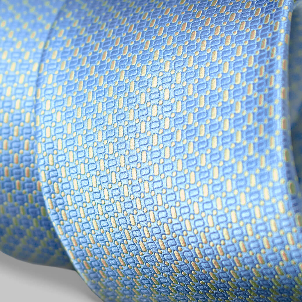 ステファノリッチのシルクジャカードネクタイ、サックスブルーにイエローの小紋柄｜Stefano Ricci silk jacquard necktie in sax blue with yellow small pattern