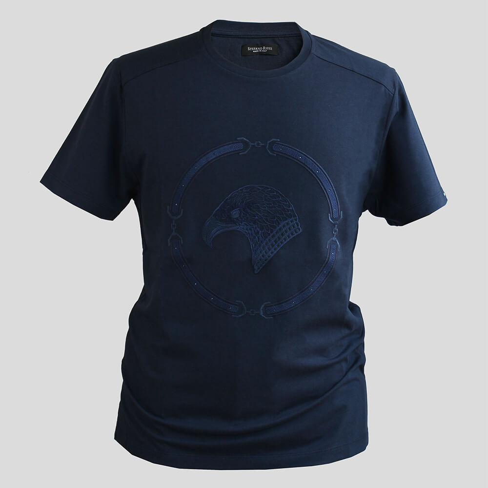 STEFANO RICCI イーグル クリスタル Tシャツ ネイビー コットン 