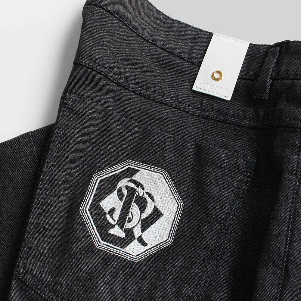 STEFANO RICCI SRモノグラム刺繍 ストレッチデニムパンツ ブラック