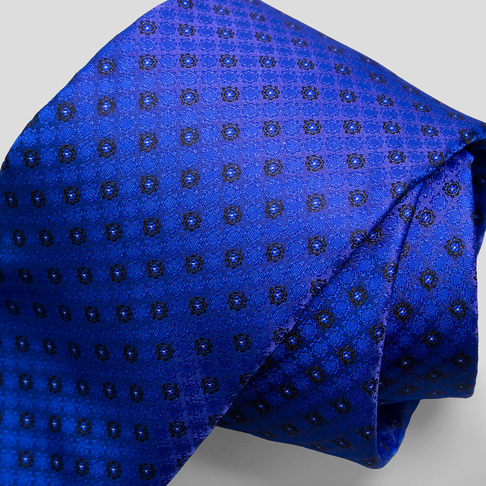 ステファノリッチのシルクジャカードネクタイ、ブルーに黒の小紋柄｜Stefano Ricci silk jacquard necktie in blue with black geometric small pattern