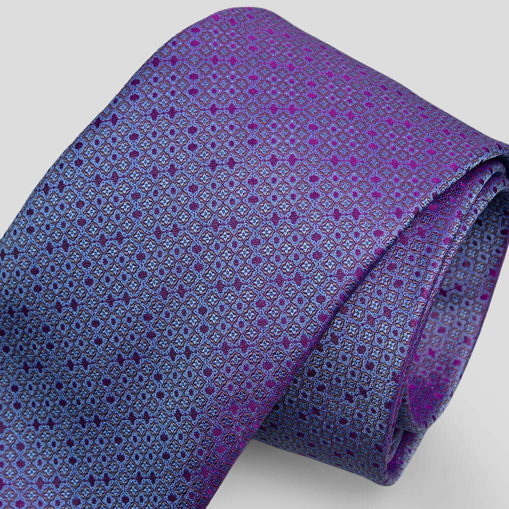 ステファノリッチのシルクジャカードネクタイ、ブルーとパープルの幾何学小紋柄｜Stefano Ricci silk jacquard necktie in blue and purple geometric small motif