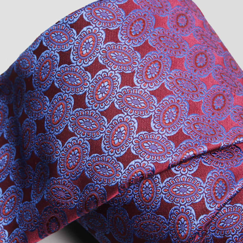 ステファノリッチのシルクジャカードネクタイ、ボルドー地にブルーのオーバル小紋柄｜Stefano Ricci silk jacquard necktie in bordeaux with blue oval motif pattern