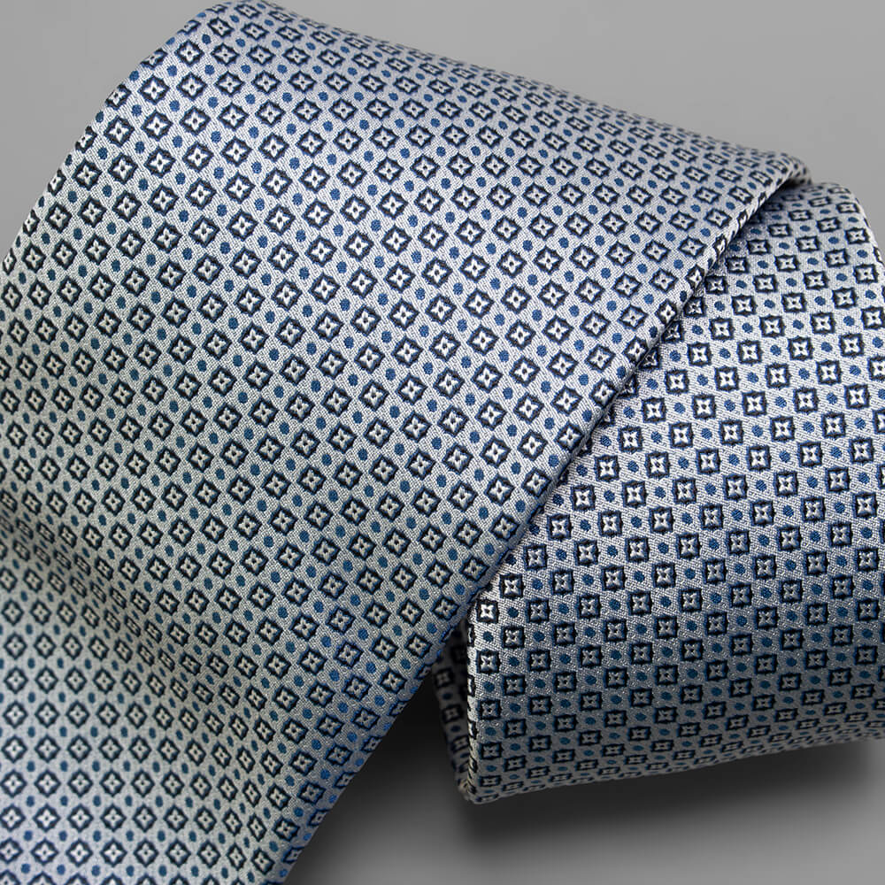 ステファノリッチのシルクジャカードネクタイ、グレーにブルーの幾何学文様｜Stefano Ricci silk jacquard necktie in grey with blue geometric pattern