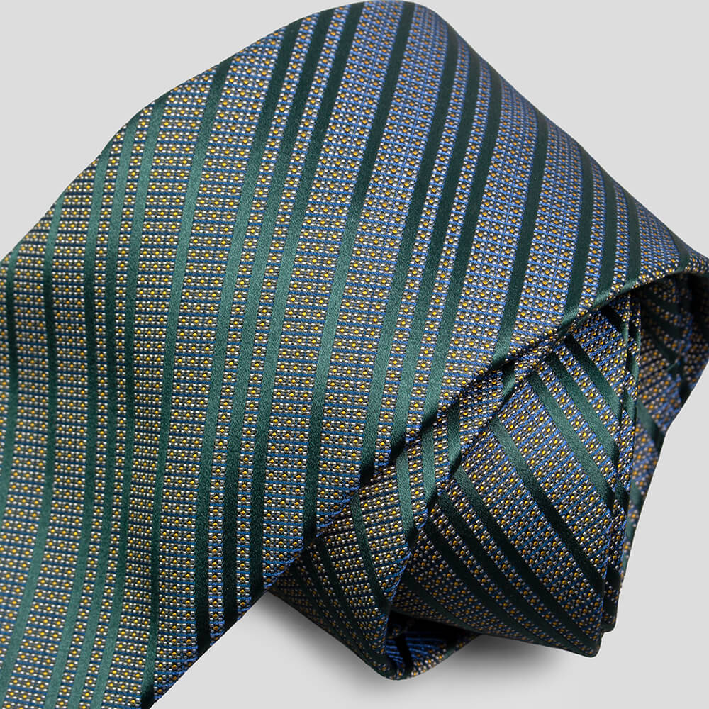 ステファノリッチのシルクジャカードネクタイ、グリーン地にブルーとイエローのストライプ柄｜Stefano Ricci silk jacquard necktie with green base and blue-yellow stripe design