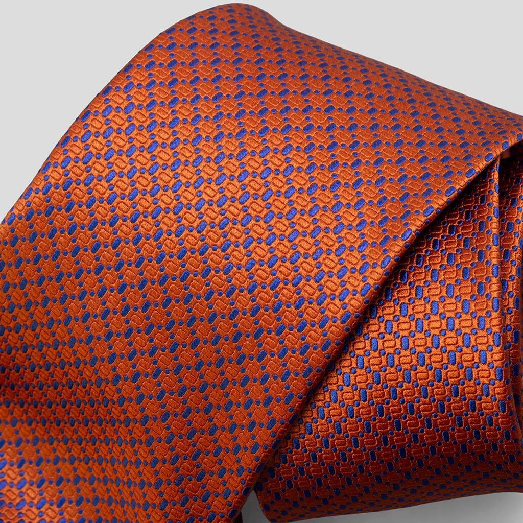 ステファノリッチのシルクジャカードネクタイ、オレンジ地にブルーの織柄｜Stefano Ricci silk jacquard necktie in orange with blue woven pattern