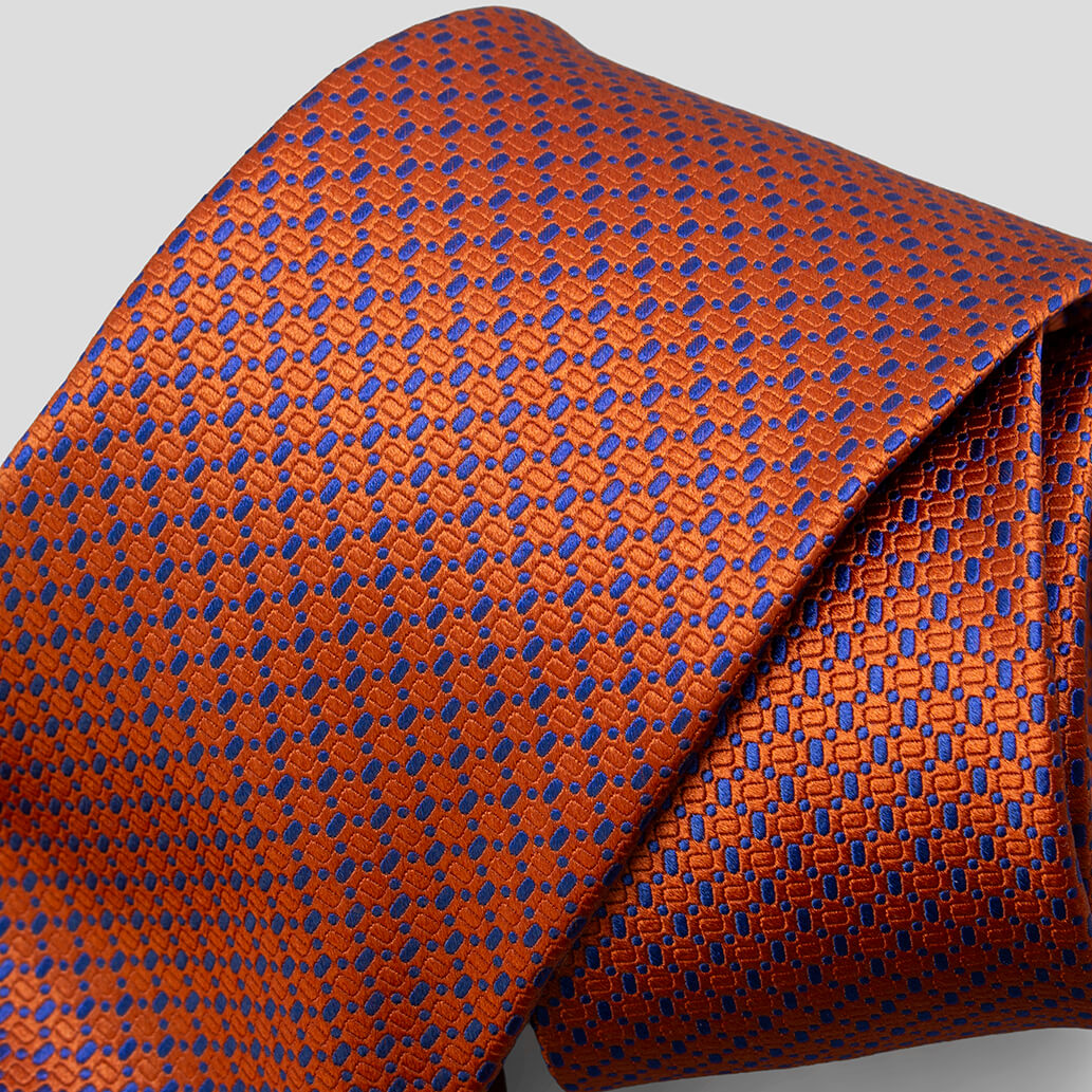 ステファノリッチのシルクジャカードネクタイ、オレンジ地にブルーの織柄｜Stefano Ricci silk jacquard necktie in orange with blue woven pattern