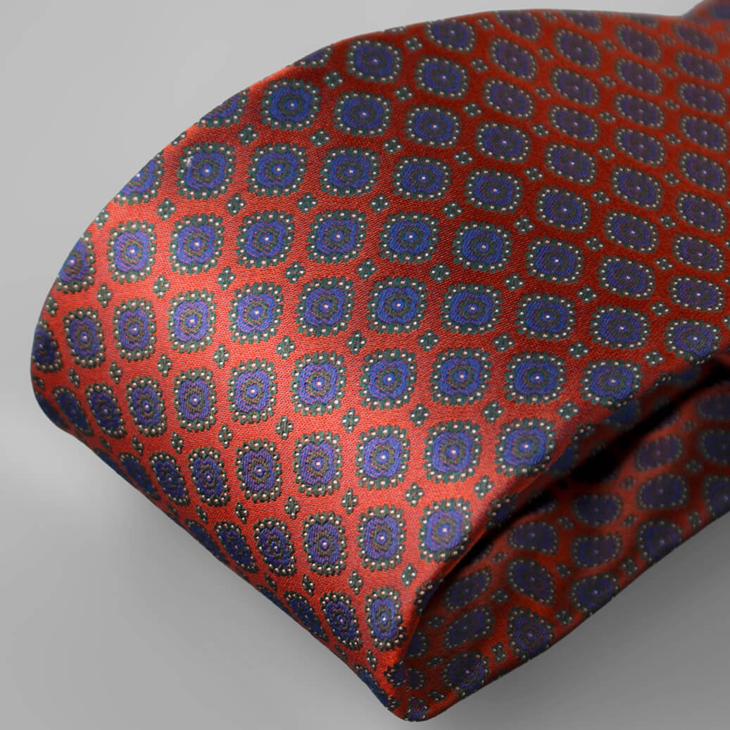 ステファノリッチのシルクジャカードネクタイ、オレンジ地にパープルの小紋柄｜Stefano Ricci silk jacquard necktie in orange with purple small motif pattern