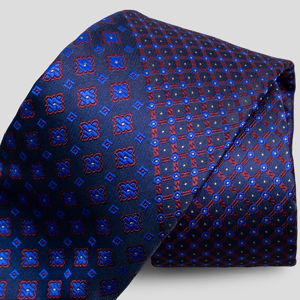 ステファノリッチのシルクジャカードネクタイ、ネイビーとレッドのパネル切替デザイン｜Stefano Ricci silk jacquard necktie with navy and red panel switch design