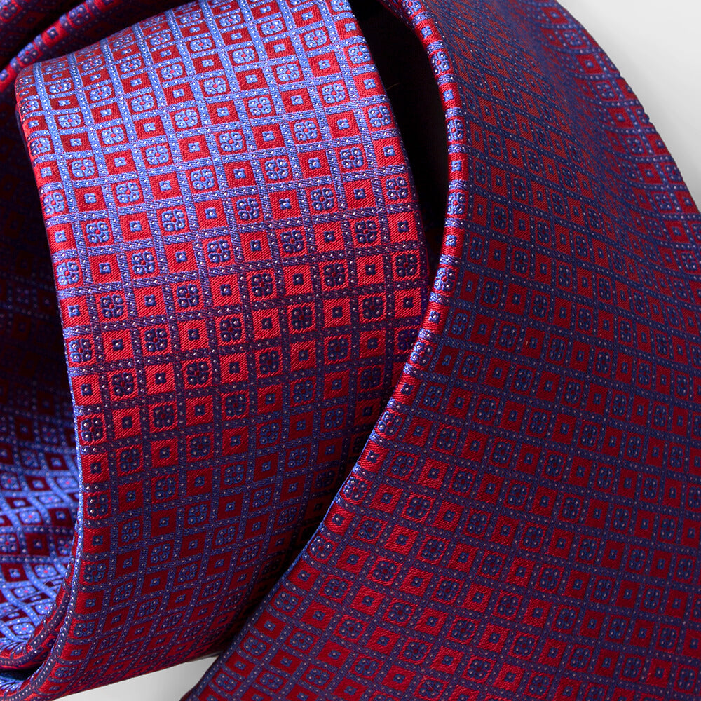 ステファノリッチのシルクジャカードネクタイ、レッド地にブルーの小紋柄｜Stefano Ricci silk jacquard necktie in red with blue small motif pattern