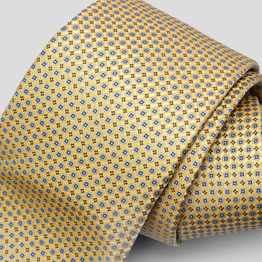 ステファノリッチのシルクジャカードネクタイ、イエローにグレーとホワイトの小紋柄｜Stefano Ricci silk jacquard necktie in yellow with grey and white small geometric pattern