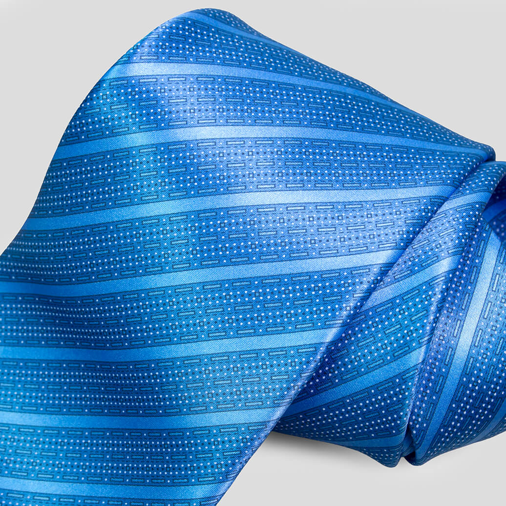 ステファノリッチのシルクプリントネクタイ、ブルー地にストライプ調のドット模様デザイン｜Stefano Ricci silk printed necktie with blue base and dotted stripe pattern