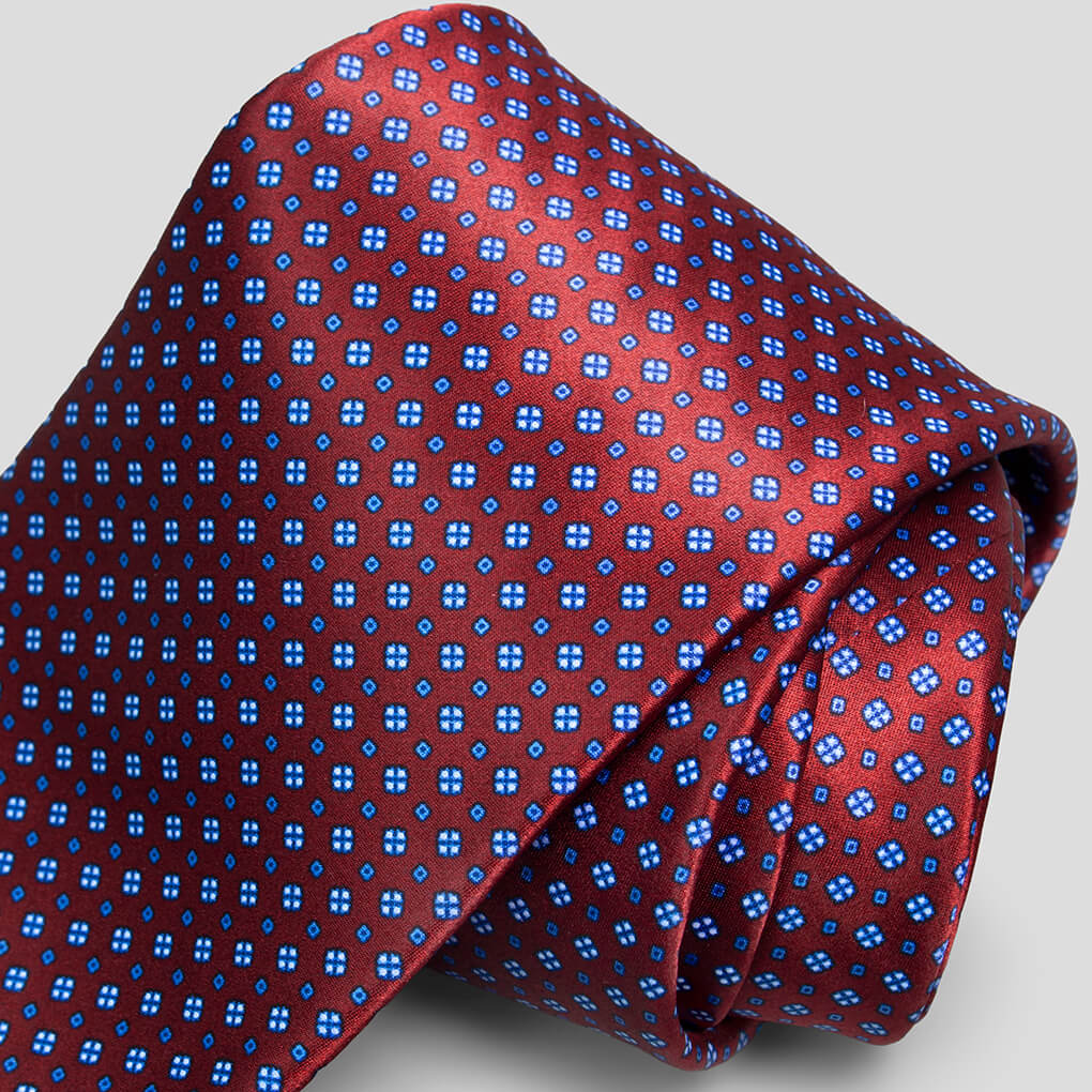 ステファノリッチのシルクプリントネクタイ、ボルドー地にブルーの小紋柄｜Stefano Ricci silk printed necktie with bordeaux base and blue small motif pattern