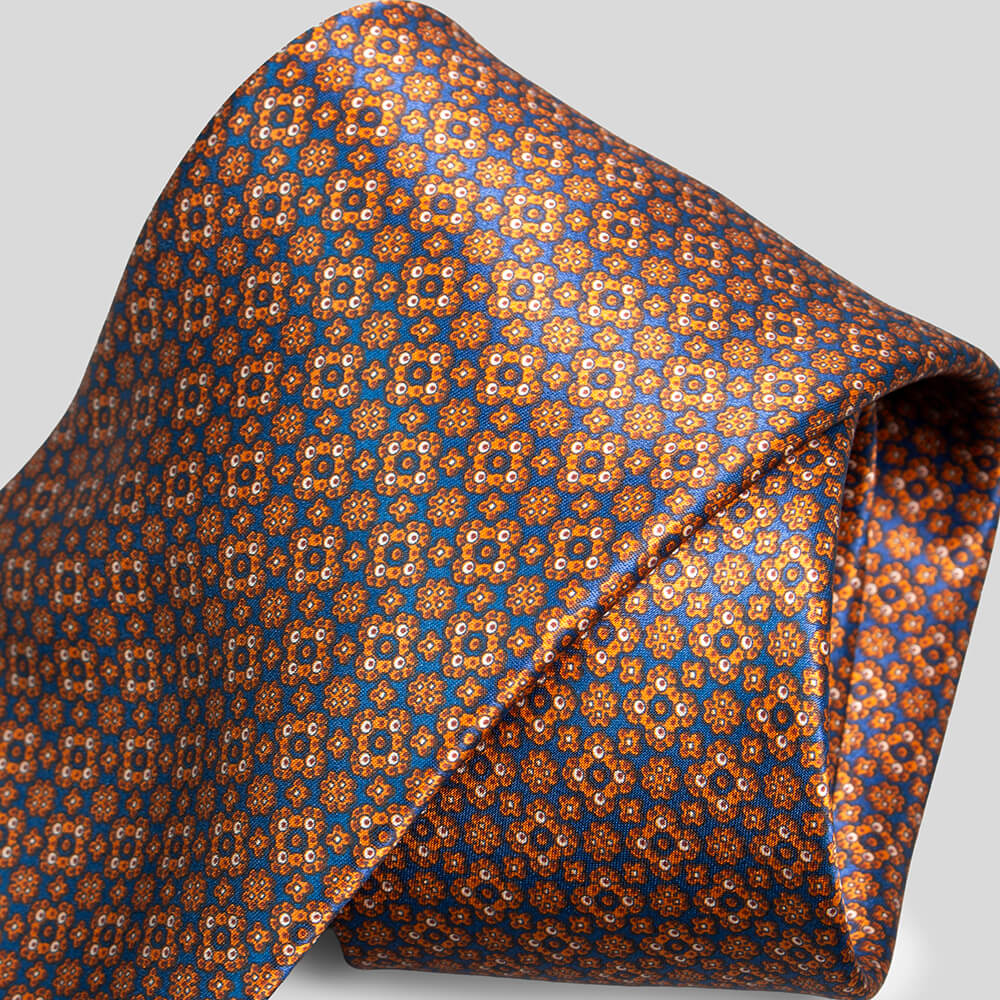 ステファノリッチのシルクプリントネクタイ（オレンジとネイビーの小紋柄）｜Stefano Ricci silk printed necktie with orange and navy geometric medallion pattern