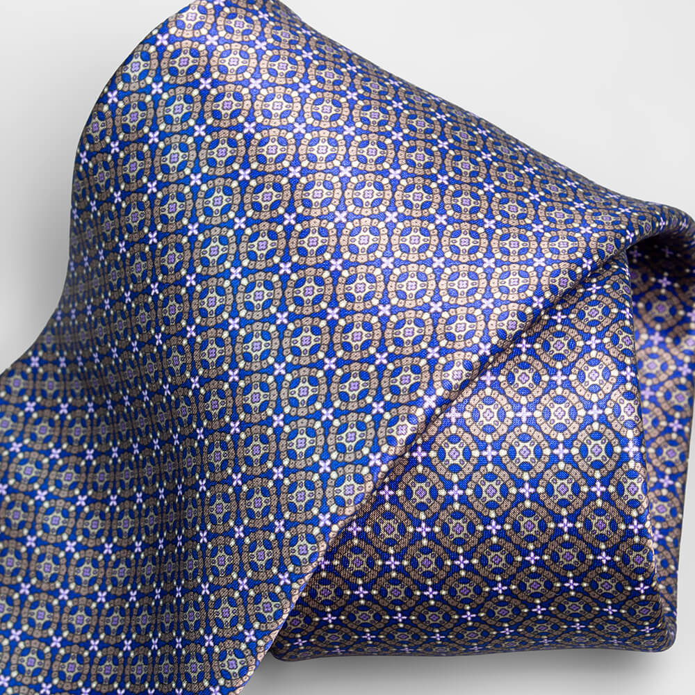 ステファノリッチのプリントシルクネクタイ（ネイビー×グレージュ×パープル） ｜ Stefano Ricci silk printed necktie in navy, greige and purple