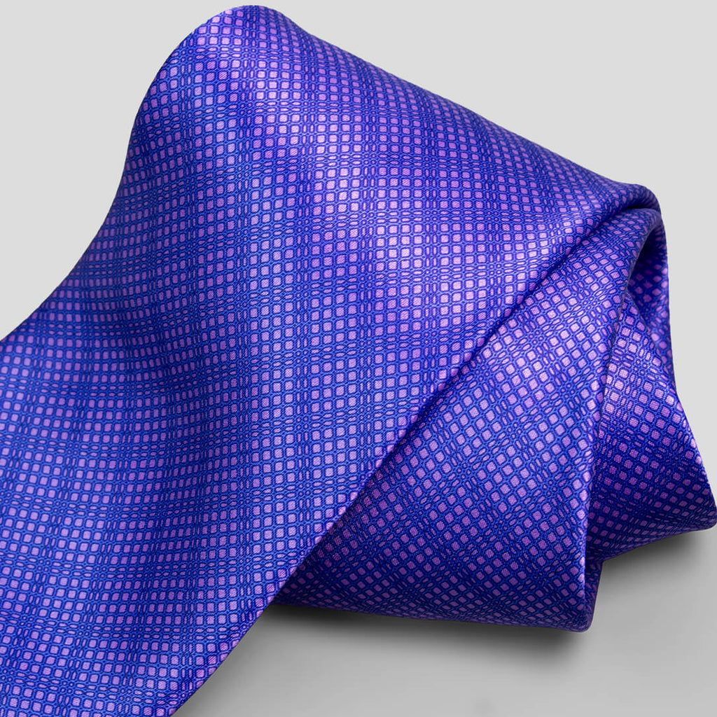 ステファノリッチのシルクプリントネクタイ、パープル地に格子状の幾何学模様｜Stefano Ricci silk printed necktie with purple base and grid geometric pattern