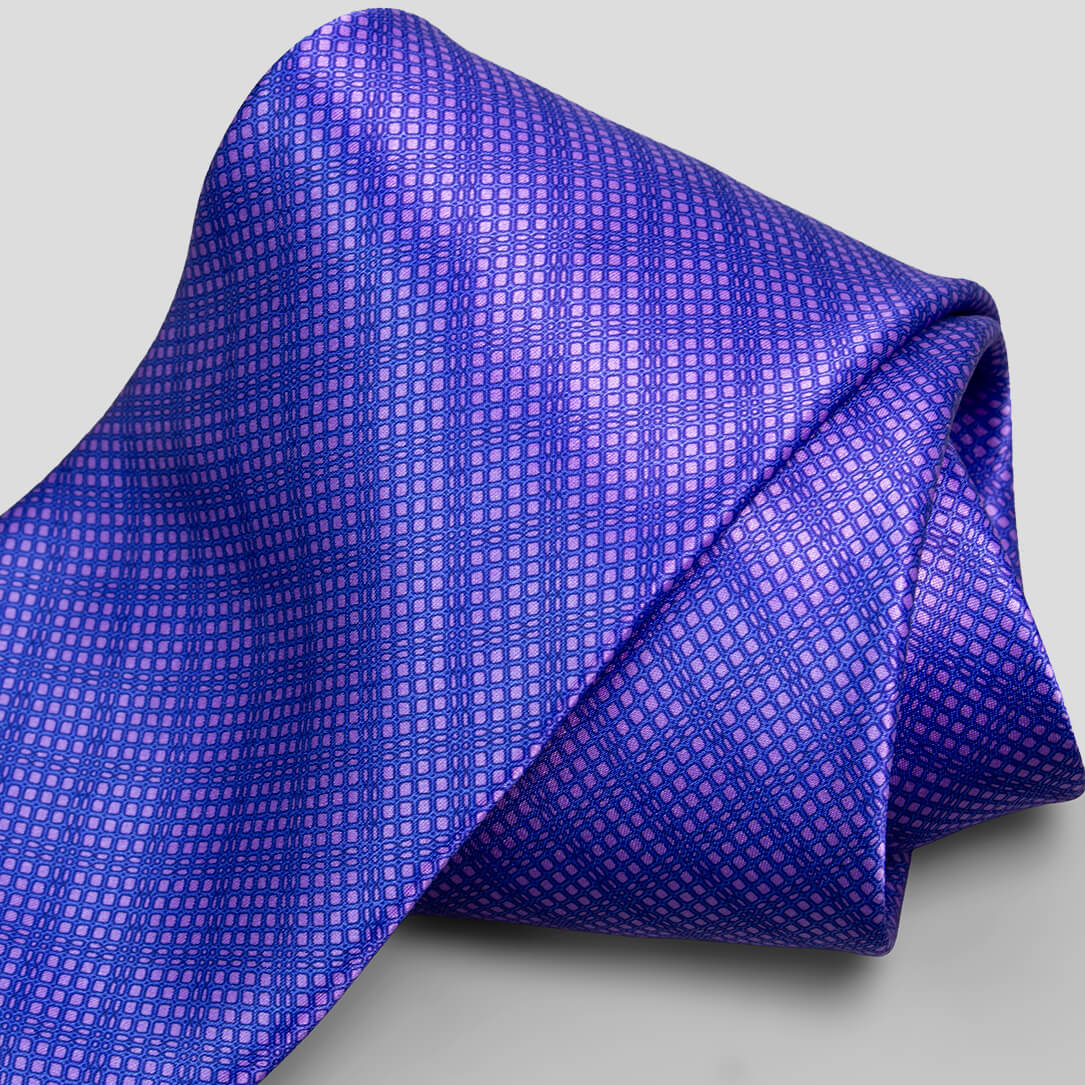 ステファノリッチのシルクプリントネクタイ、パープル地に格子状の幾何学模様｜Stefano Ricci silk printed necktie with purple base and grid geometric pattern