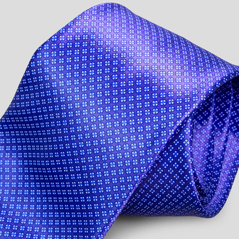 ステファノリッチのシルクプリントネクタイ、紫地に水色の小紋柄デザイン｜Stefano Ricci silk printed necktie with purple base and light blue small motif pattern