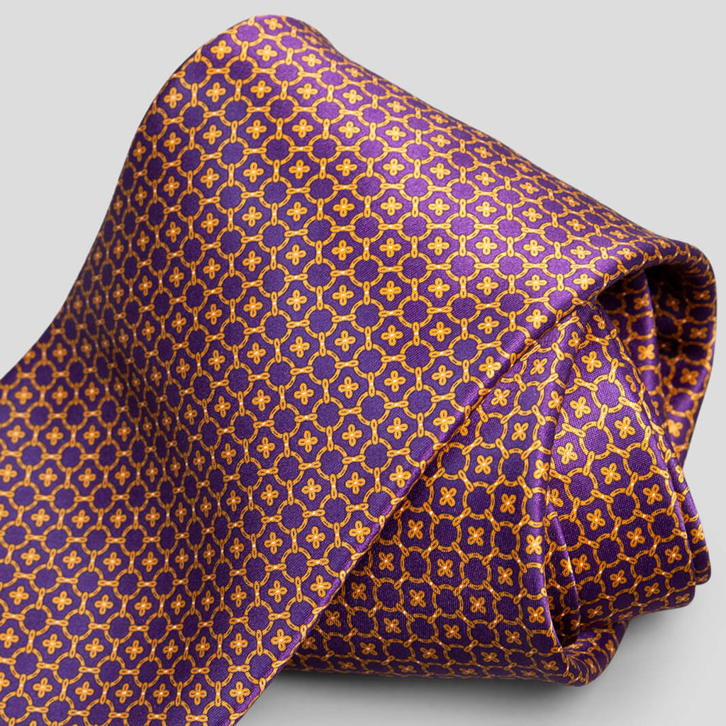 ステファノリッチのシルクプリントネクタイ、パープルとオレンジの幾何学模様｜Stefano Ricci silk printed necktie with orange and purple geometric design