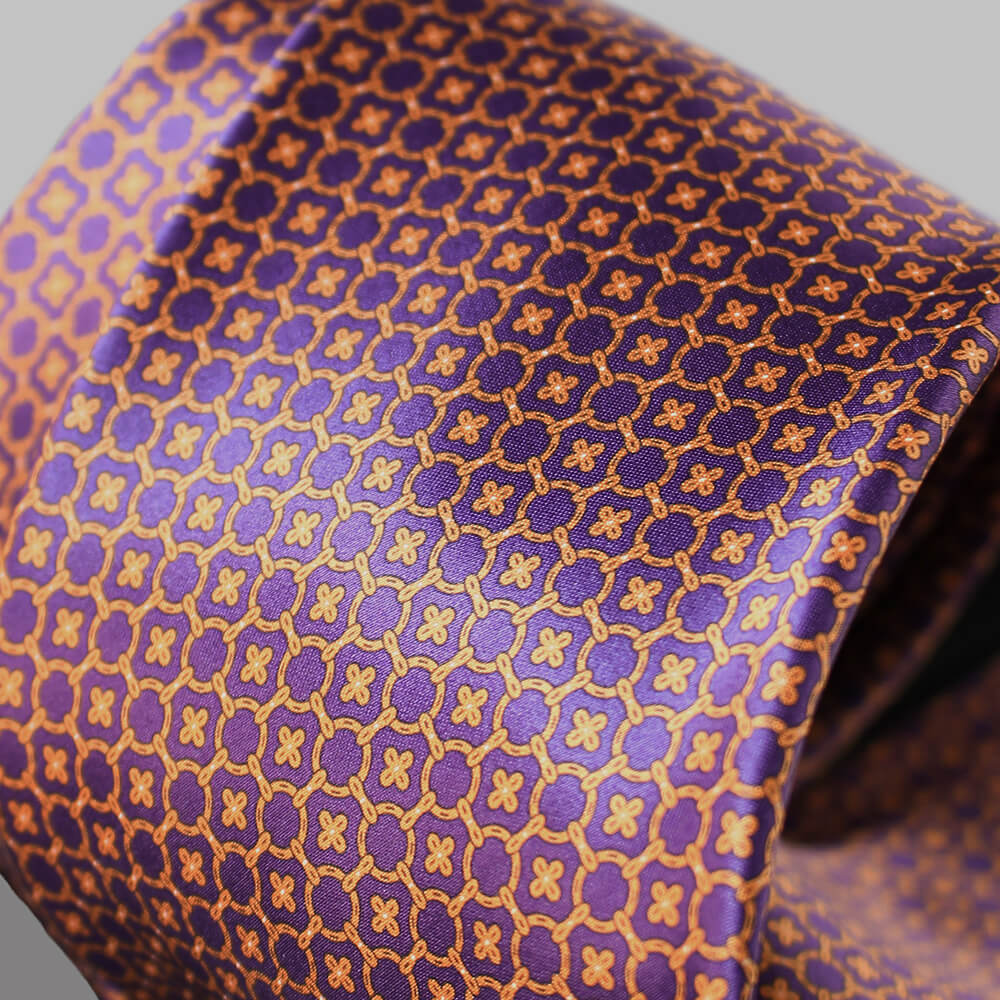 ステファノリッチのシルクプリントネクタイ、パープルとオレンジの幾何学模様｜Stefano Ricci silk printed necktie with orange and purple geometric design