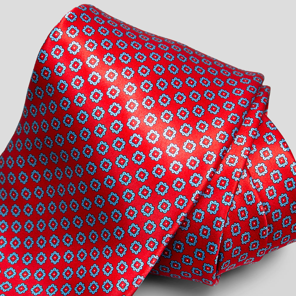 ステファノリッチのシルクプリントネクタイ、レッド地にブルーの小花柄｜Stefano Ricci silk printed necktie with red base and blue floral motifs