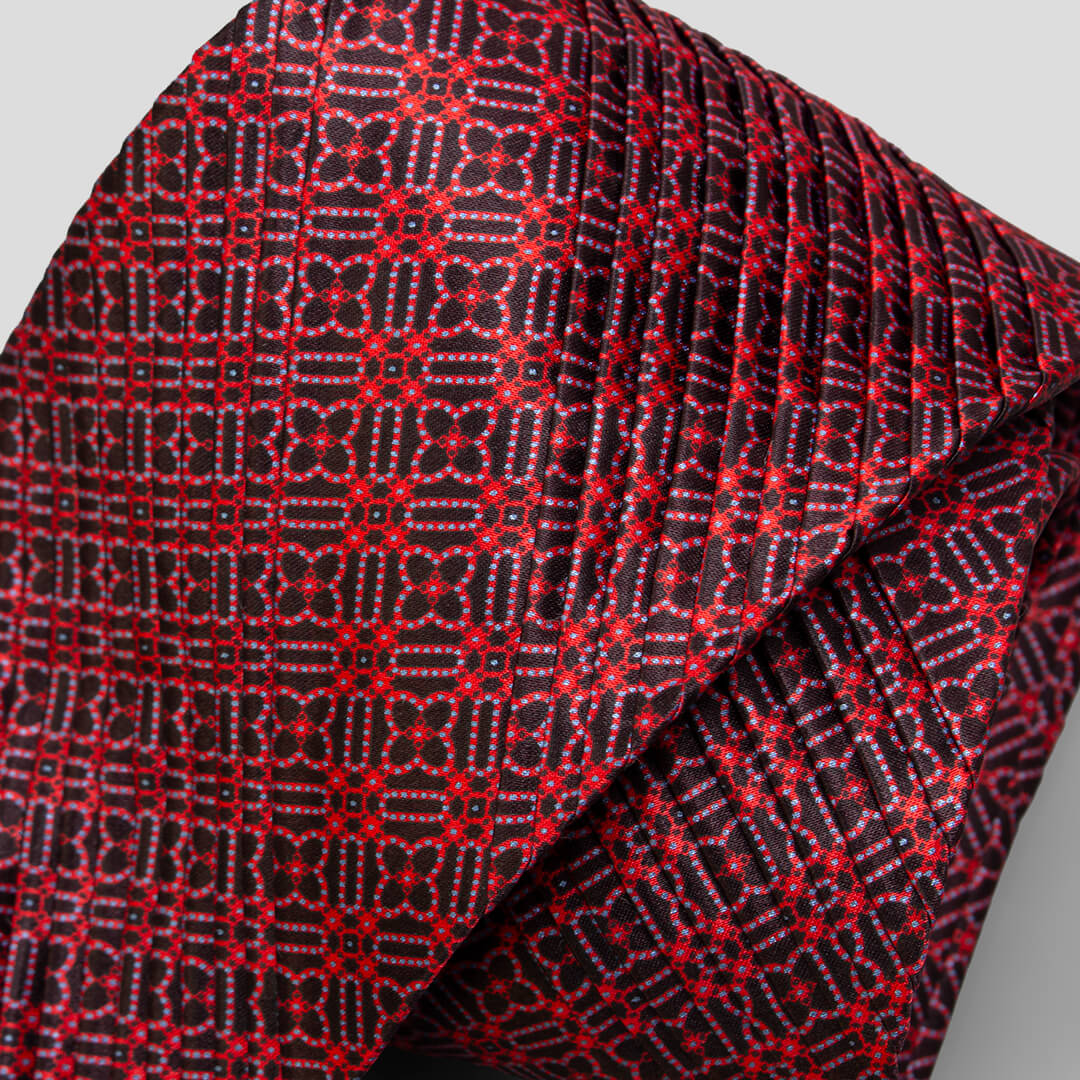 ステファノリッチのシルクプリーツネクタイ、レッドとブラックの幾何学模様｜Stefano Ricci silk pleated necktie in red and black geometric design