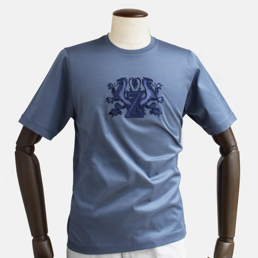 【ZILLI／ジリー】Tシャツ コットン 刺繍入り ネイビー ブルー zil02313