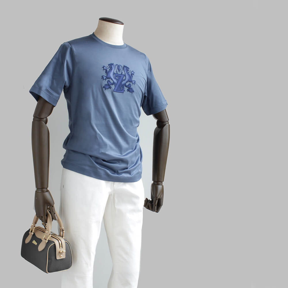 【ZILLI／ジリー】Tシャツ コットン 刺繍入り ネイビー ブルー zil02313