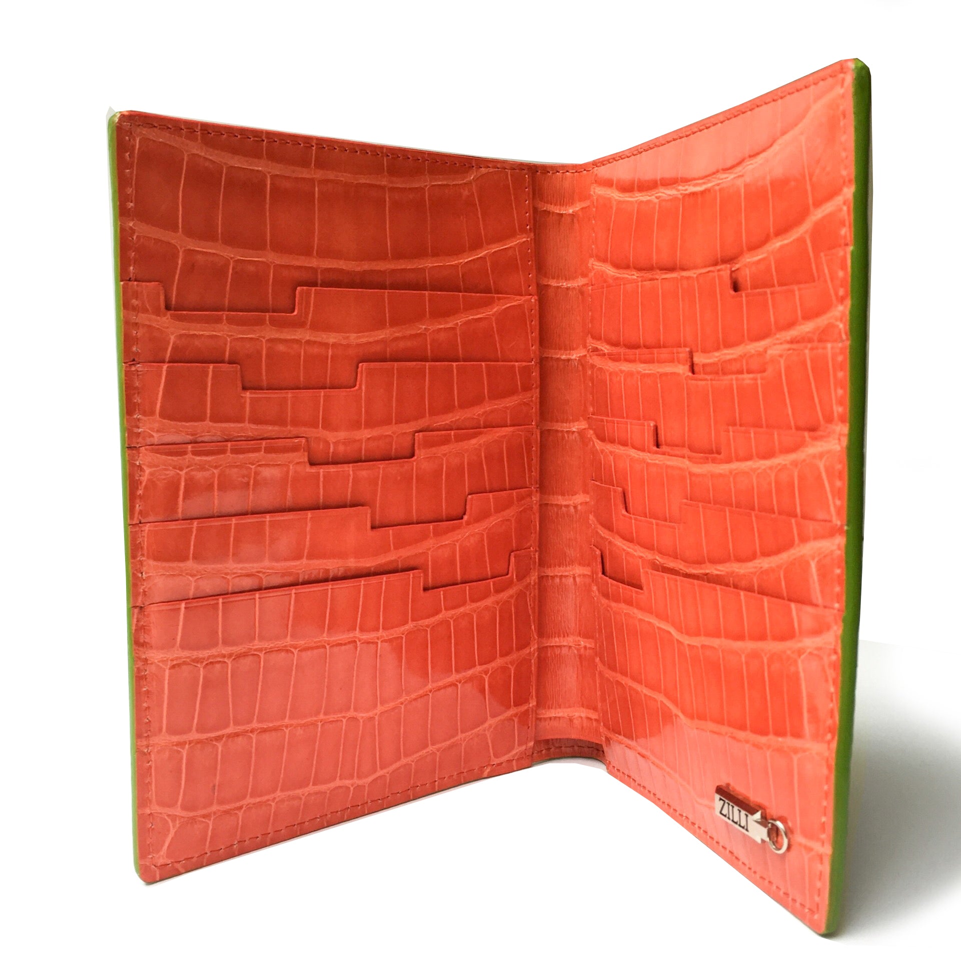 ZILLI／ジリー マルチケース パスポートケース アリゲーターレザー ライトグリーン オレンジ バイカラー