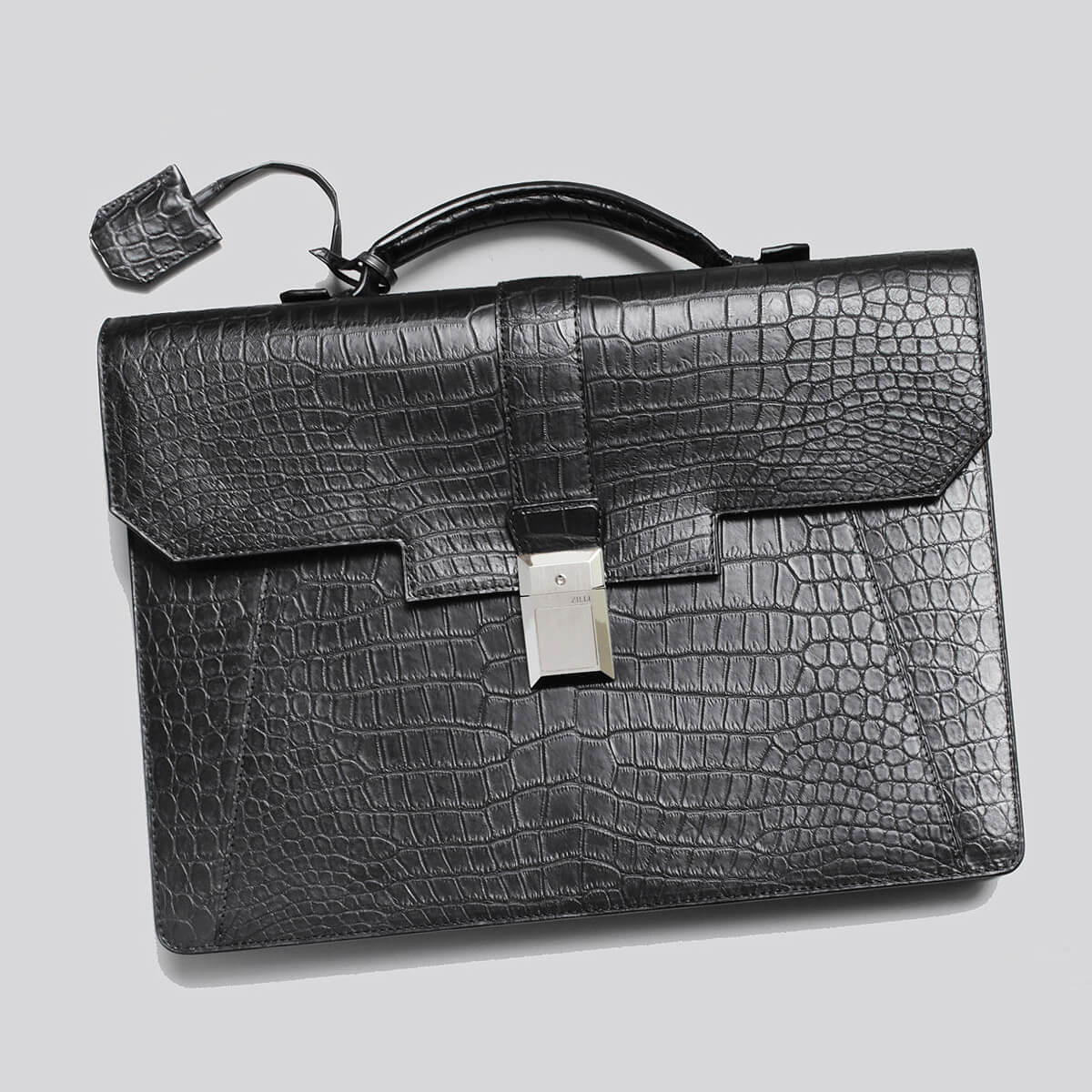 ZILLI Briefcase Document Bag Thin Gusset Crocodile Black zil02343